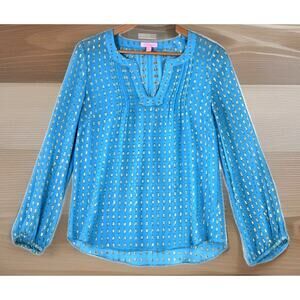 Lilly Pulitzer Colby Blue Silk Tunic Long Sleeve Blouse Sheer Gold Metallic Sm